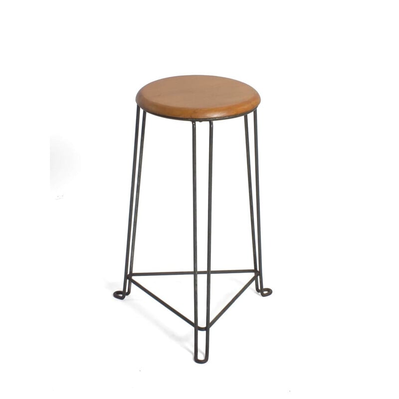Vintage metal stool with wooden seat