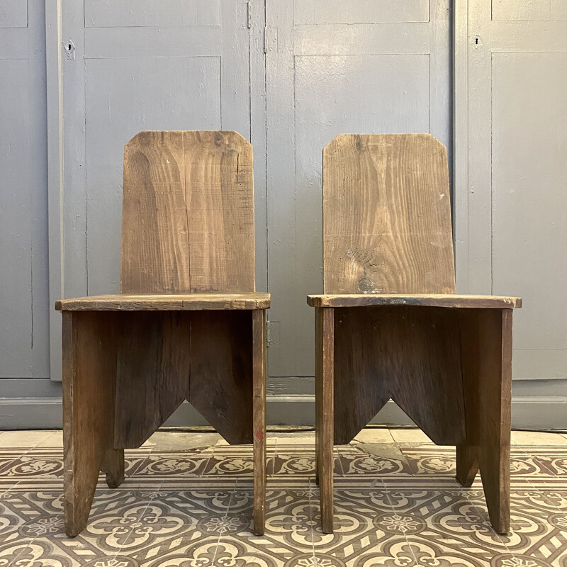 Pair of vintage chairs in glued and nailed geometric wood