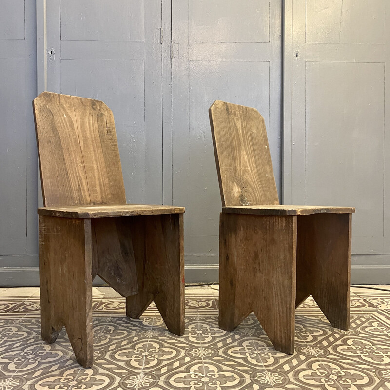 Pair of vintage chairs in glued and nailed geometric wood