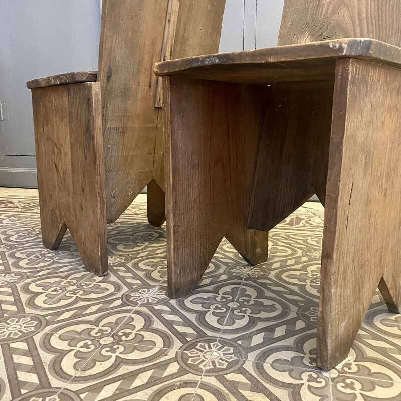 Pair of vintage chairs in glued and nailed geometric wood