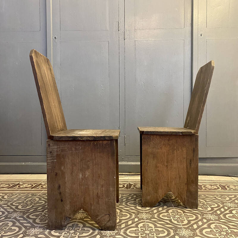 Pair of vintage chairs in glued and nailed geometric wood