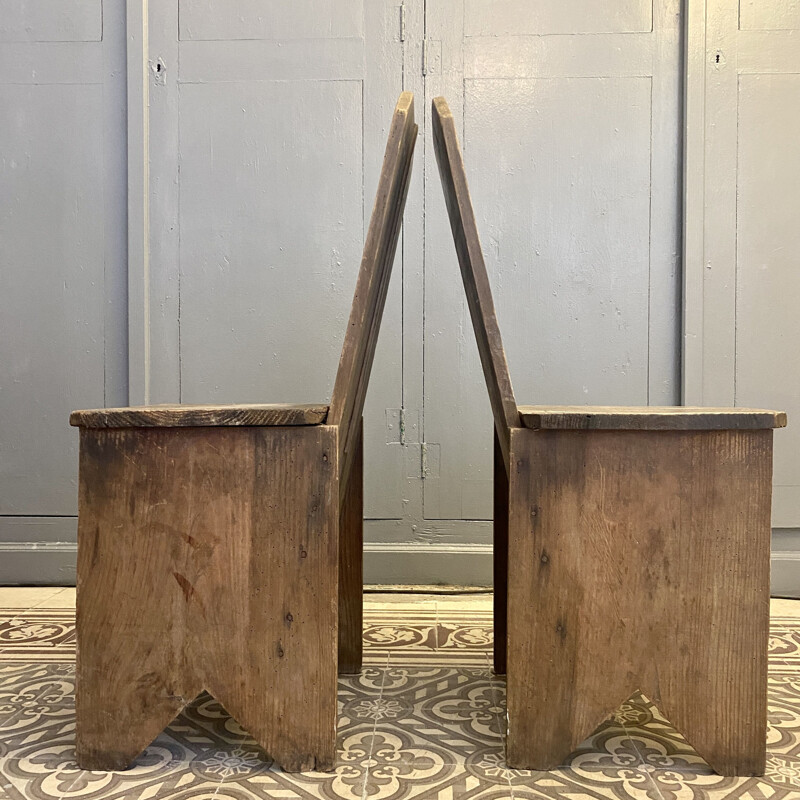 Pair of vintage chairs in glued and nailed geometric wood