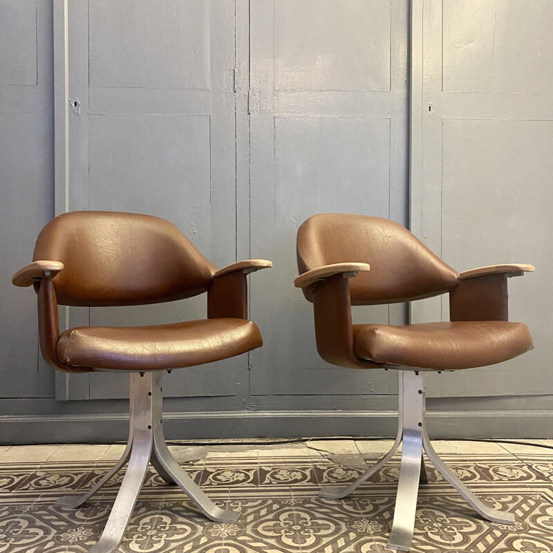 Paire de fauteuils vintage piétement en fonte d'aluminium 1960