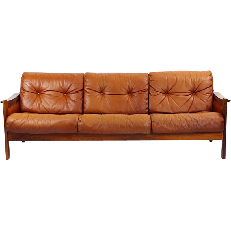 Vintage Cognac leather and solid rosewood  sofa 1970s