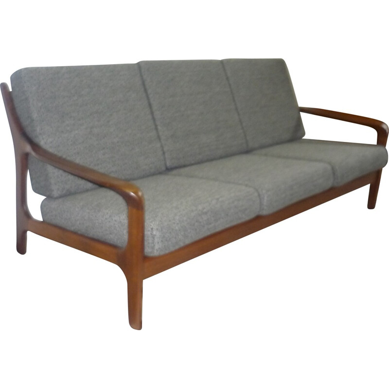 Canapé 3 places en teck et tissu gris - 1960