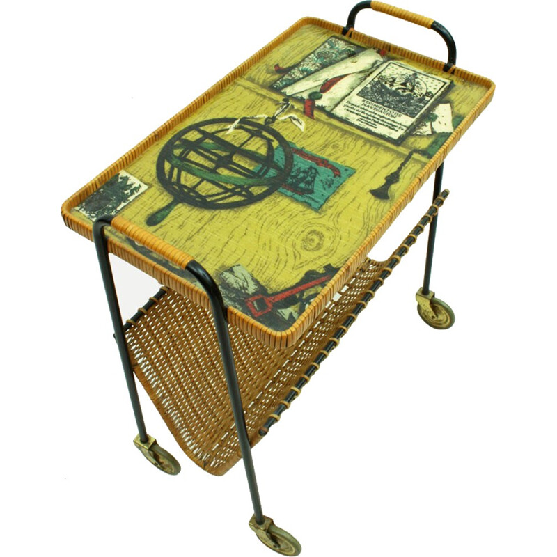 Chariot de desserte en métal et rotin - 1950