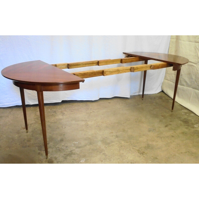 Table ronde vintage en acajou avec 4 rallonges 1950