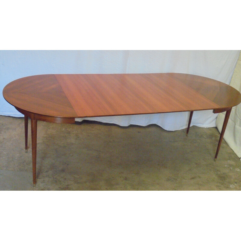 Table ronde vintage en acajou avec 4 rallonges 1950