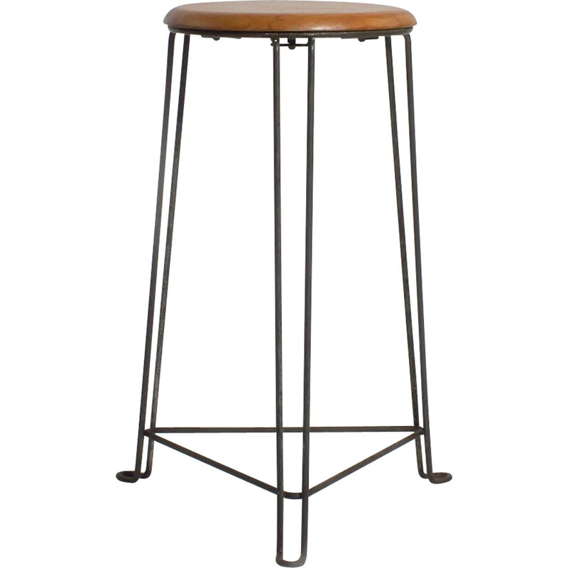 Vintage metal stool with wooden seat