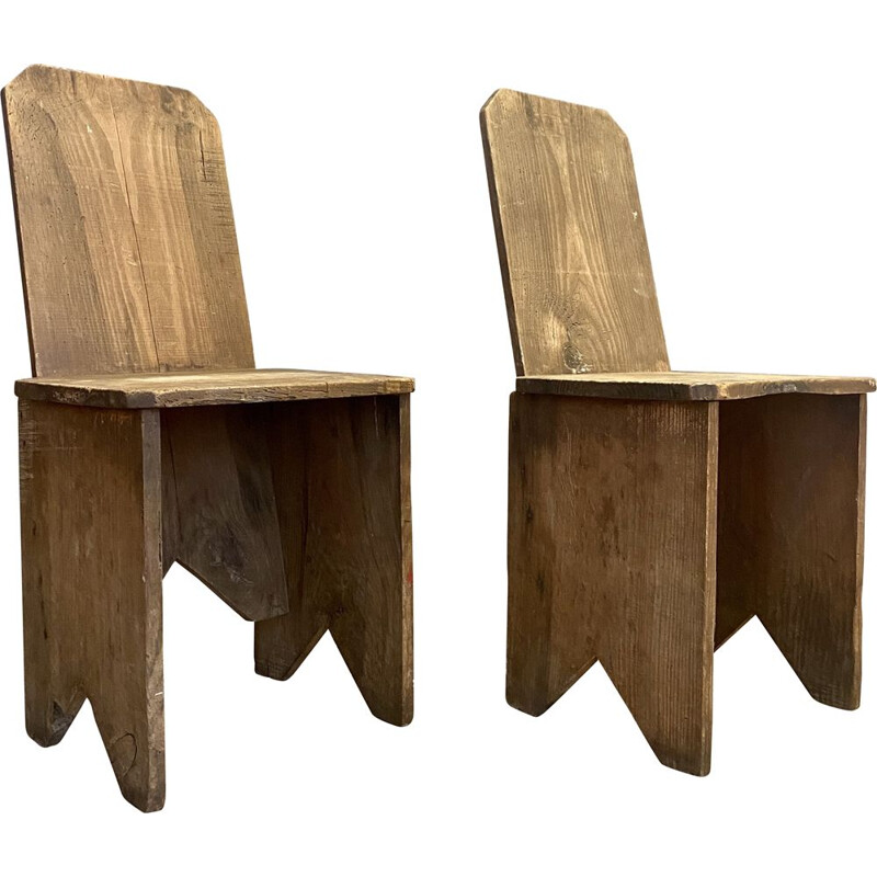 Pair of vintage chairs in glued and nailed geometric wood