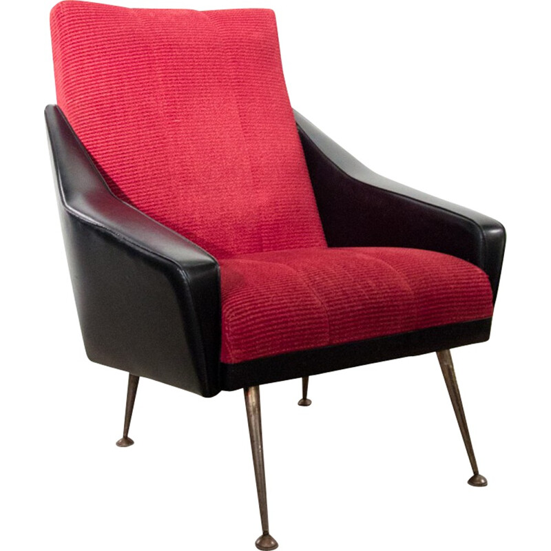 Armchair in black faux leather and red velvet - 1970s 