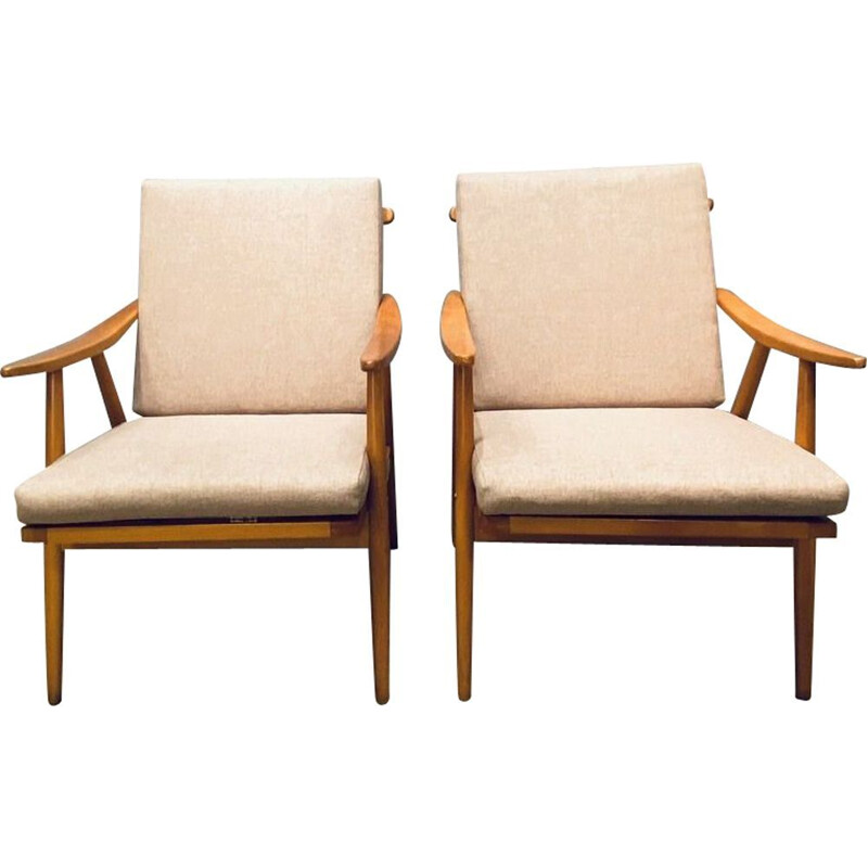 Paar beige vintage fauteuils Tsjechoslowakije 1960