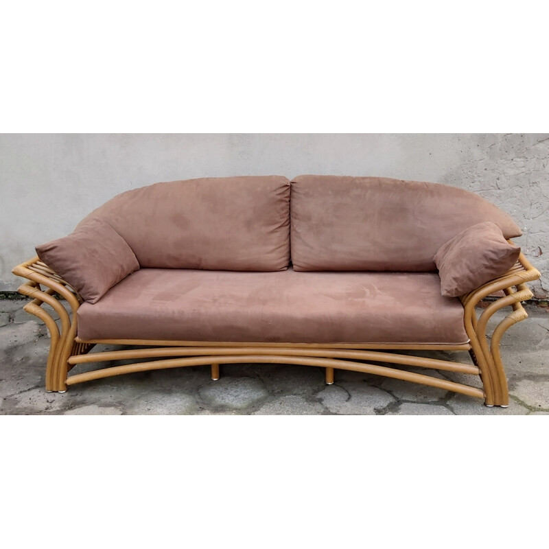 Vintage brown rattan sofa 1980s