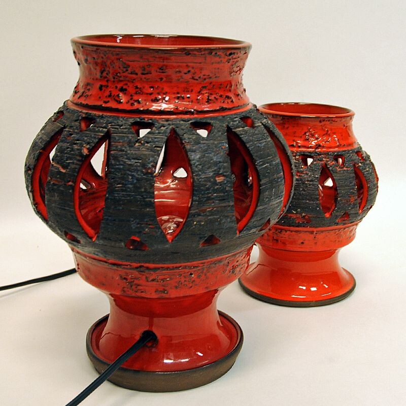 Pair of vintage red ceramic table lamps by Nykirka Motala Keramik, Sweden 1960