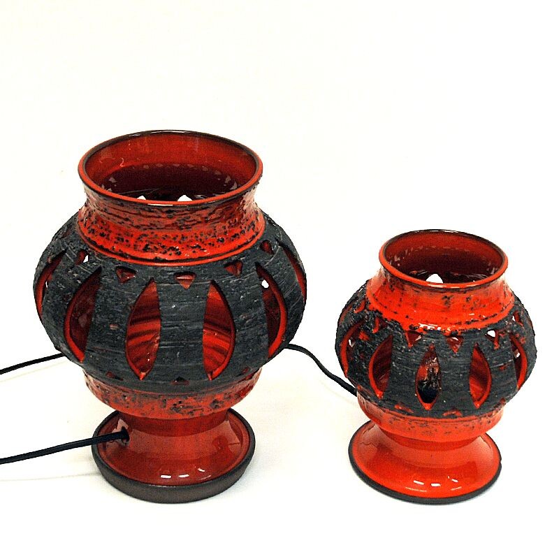 Pair of vintage red ceramic table lamps by Nykirka Motala Keramik, Sweden 1960