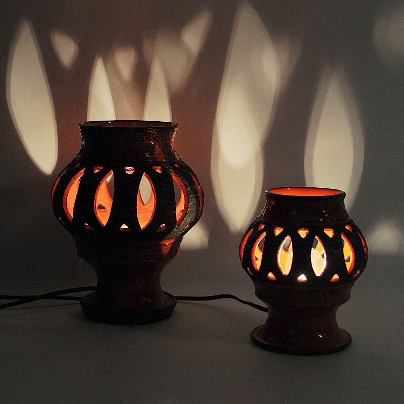 Pair of vintage red ceramic table lamps by Nykirka Motala Keramik, Sweden 1960