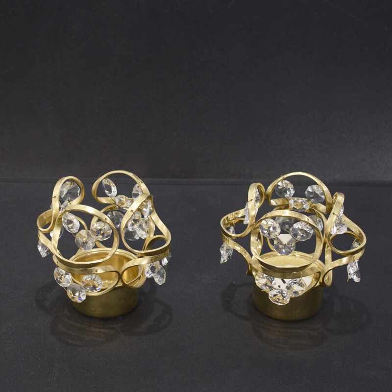 Pair of vintage crystal and gold plated candle holders by Maison Palwa 1970s