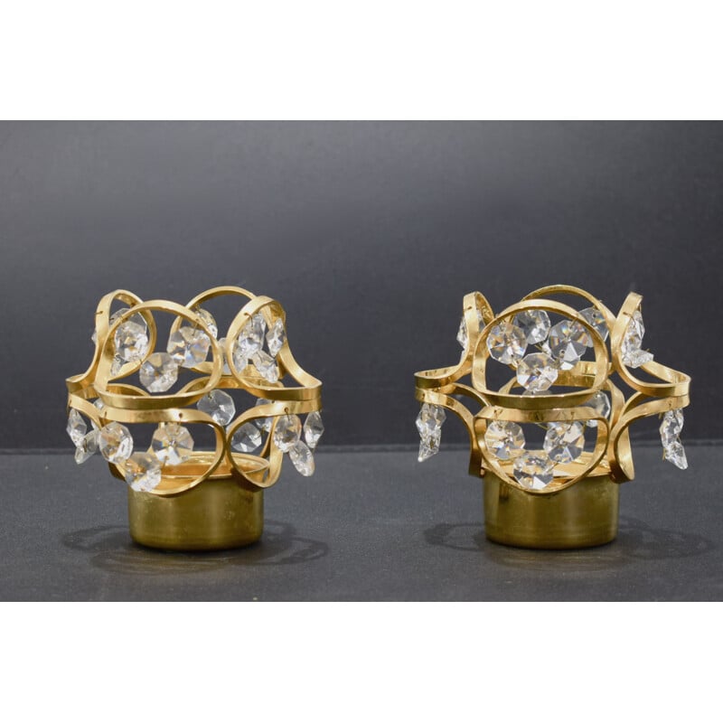 Pair of vintage crystal and gold plated candle holders by Maison Palwa 1970s