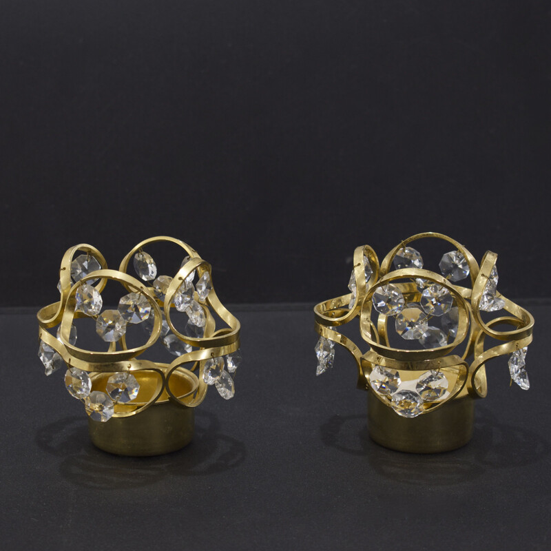 Pair of vintage crystal and gold plated candle holders by Maison Palwa 1970s