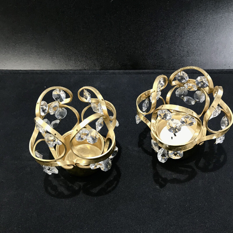 Pair of vintage crystal and gold plated candle holders by Maison Palwa 1970s