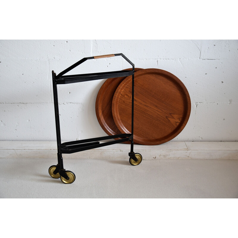 Carrello bar vintage in teak pieghevole, Germania 1960