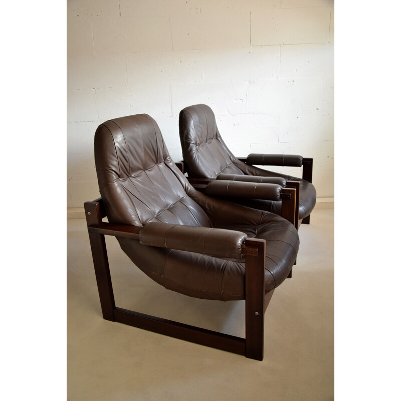 Pair of vintage mahogany and leather armchairs by Percival Lafer, Brazil 1960