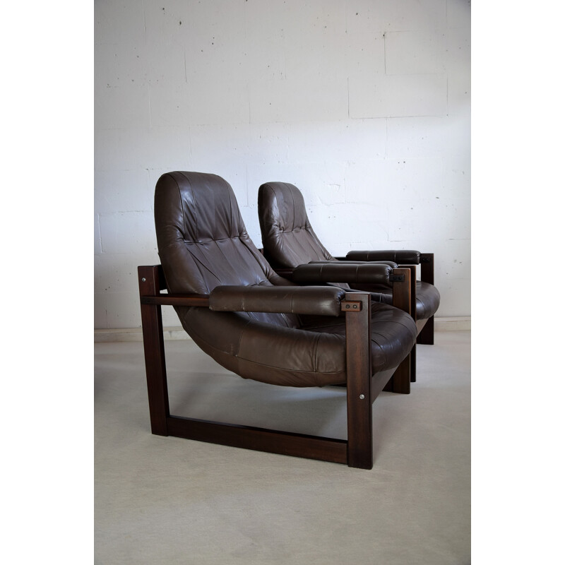 Paar vintage mahonie en lederen fauteuils van Percival Lafer, Brazilië 1960