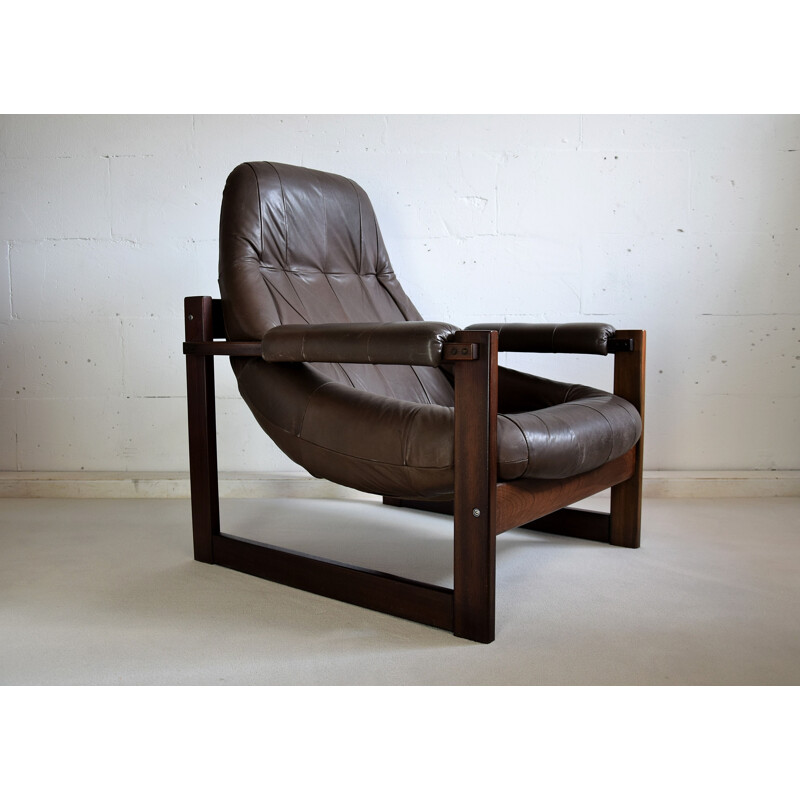 Paar vintage mahonie en lederen fauteuils van Percival Lafer, Brazilië 1960