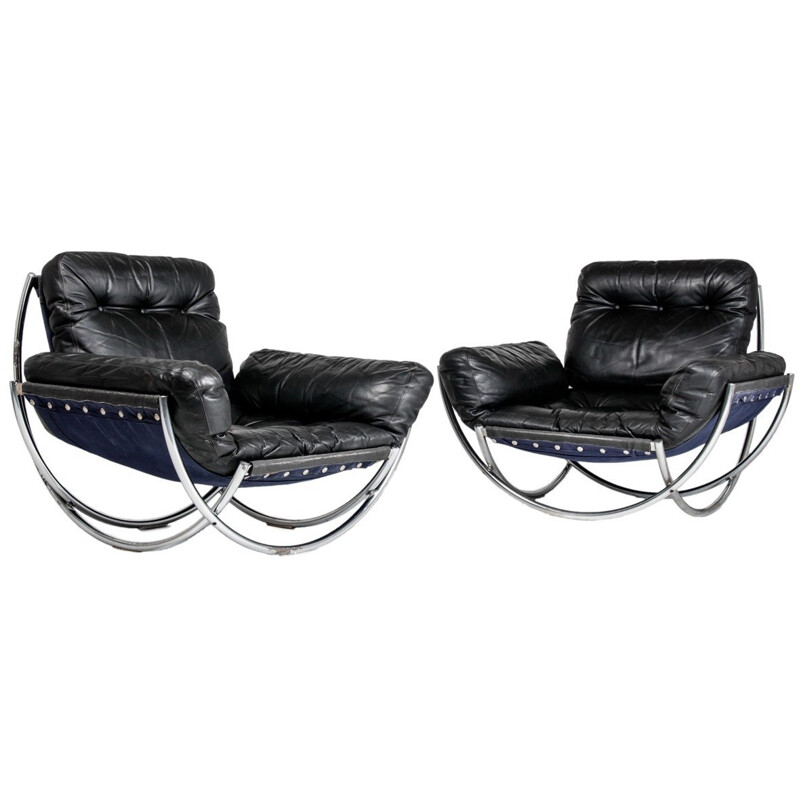 Pair of AB Wilo armchairs in black leather and chromed metal, Lennart BENDER - 1960s