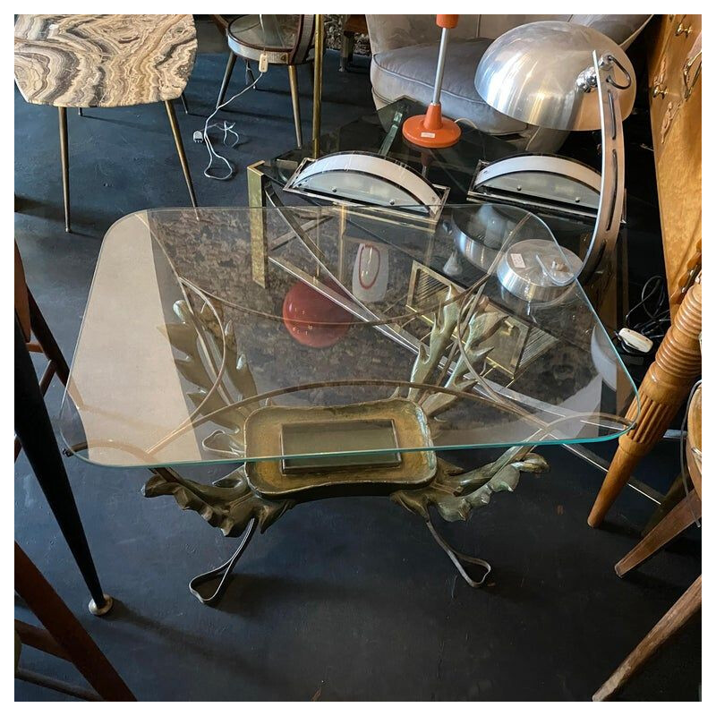 Vintage coffee table in wood and brass by Pier Luigi Colli, Italy 1950