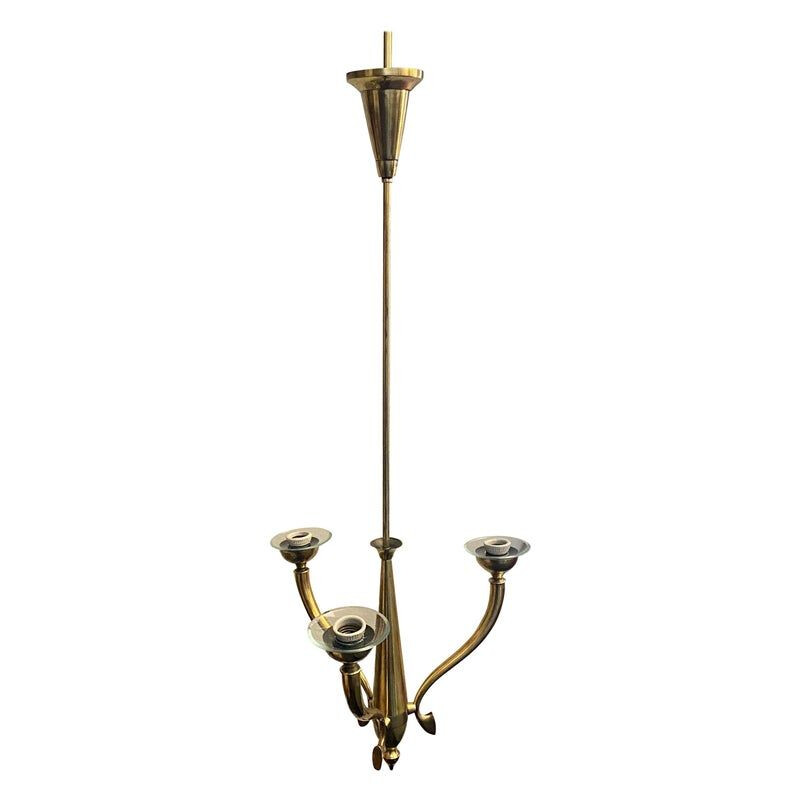 Vintage brass and glass chandelier with 3 lights