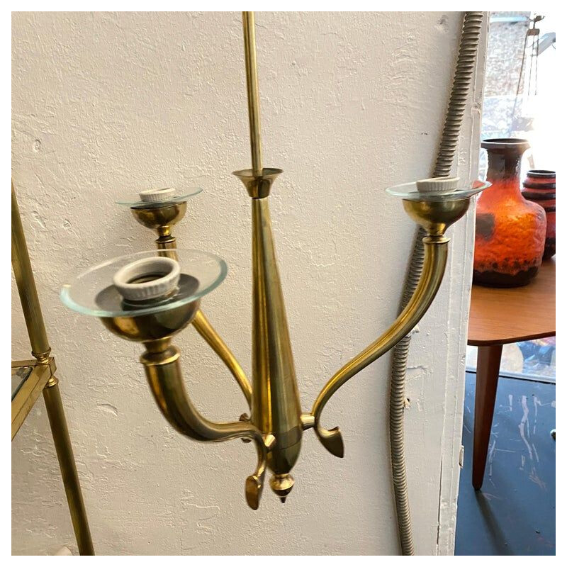 Vintage brass and glass chandelier with 3 lights