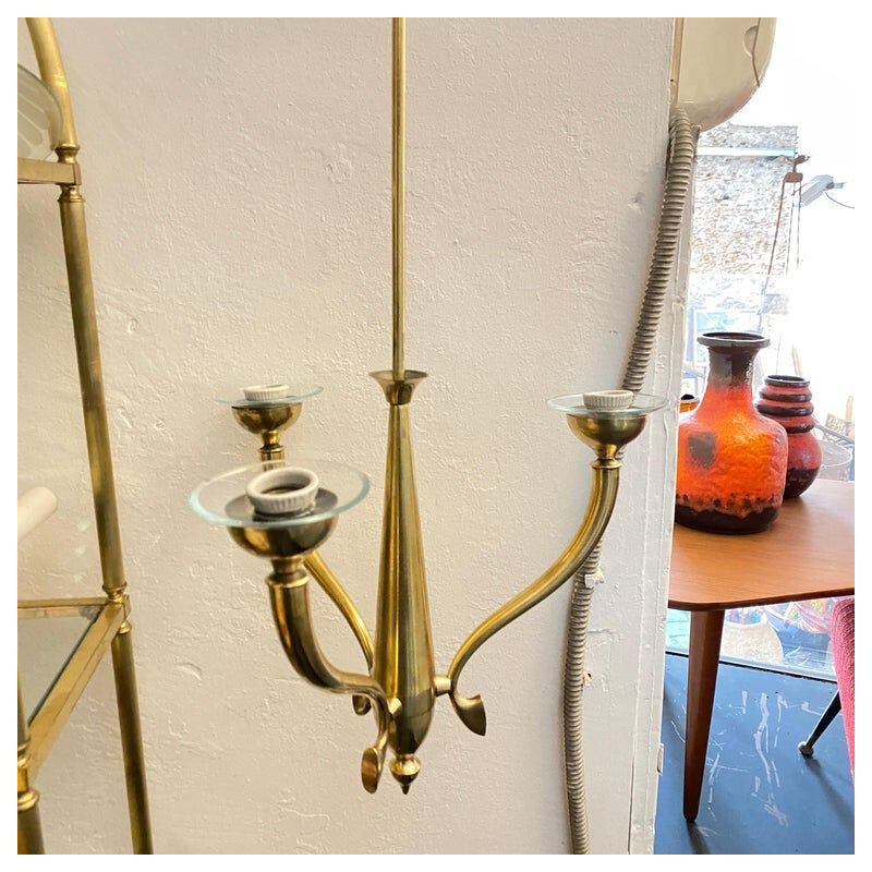 Vintage brass and glass chandelier with 3 lights