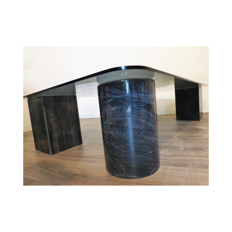 Grande table basse vintage en verre et marbre noir 1980