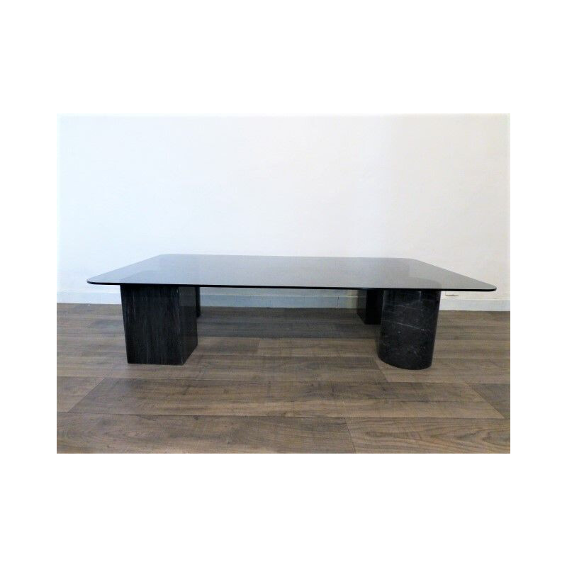 Vintage large coffee table in glass and black marble 1980s