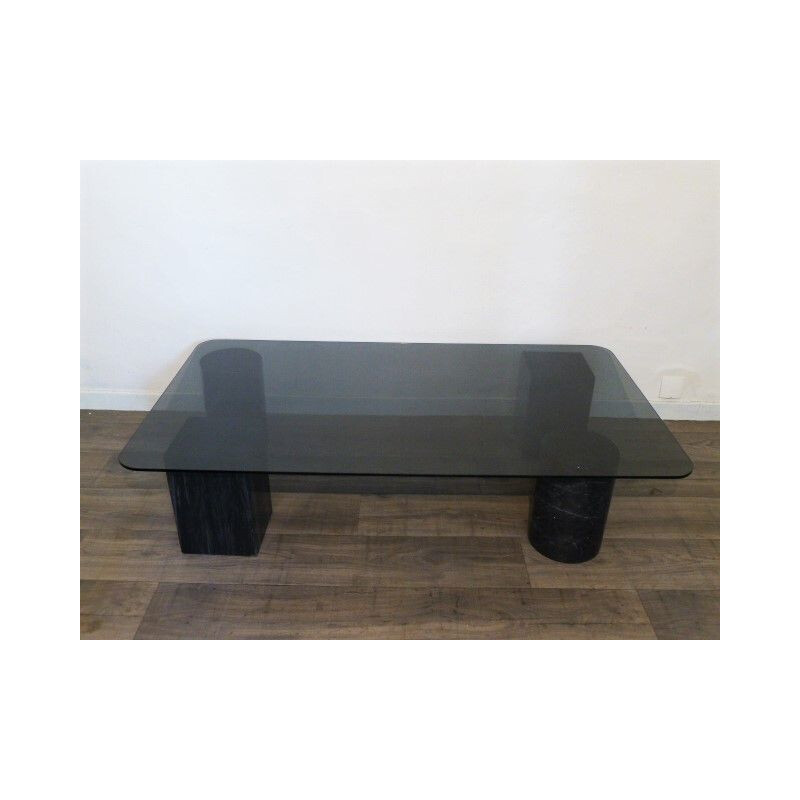 Vintage large coffee table in glass and black marble 1980s