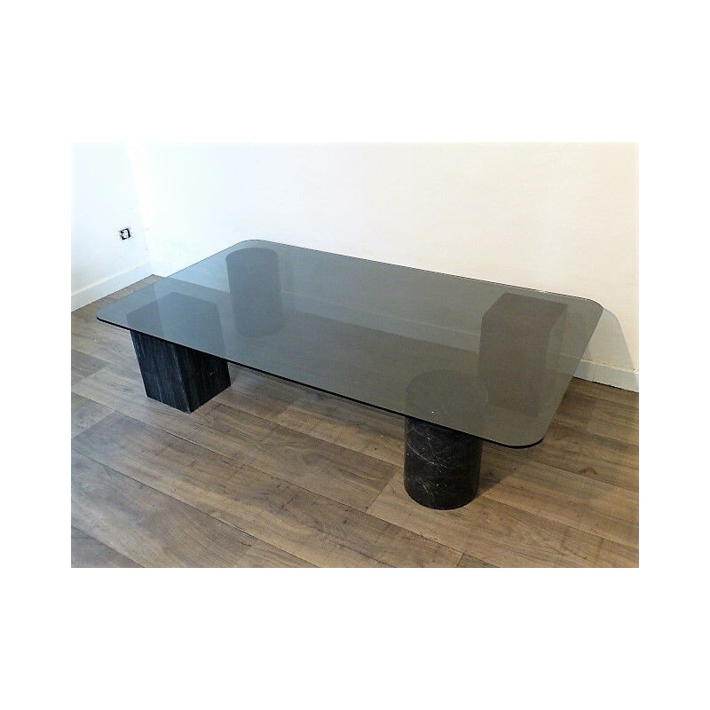 Vintage large coffee table in glass and black marble 1980s