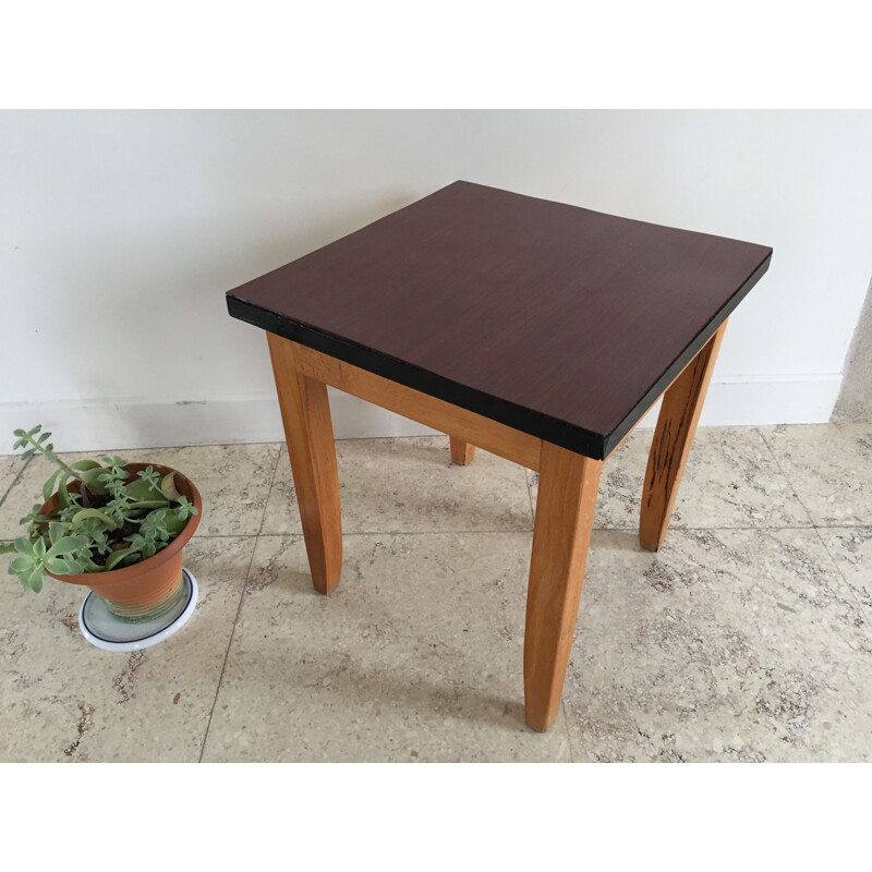 Table basse vintage ou tabouret en Formica et bois verni