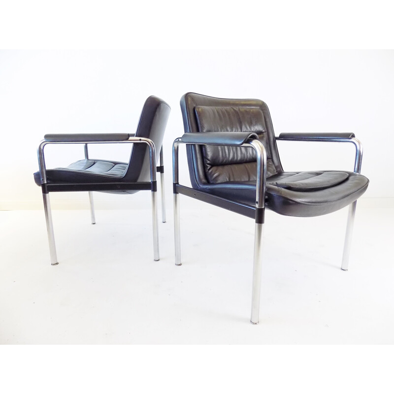 Pair of vintage black leather chairs Jorgen Kastholm 1970s