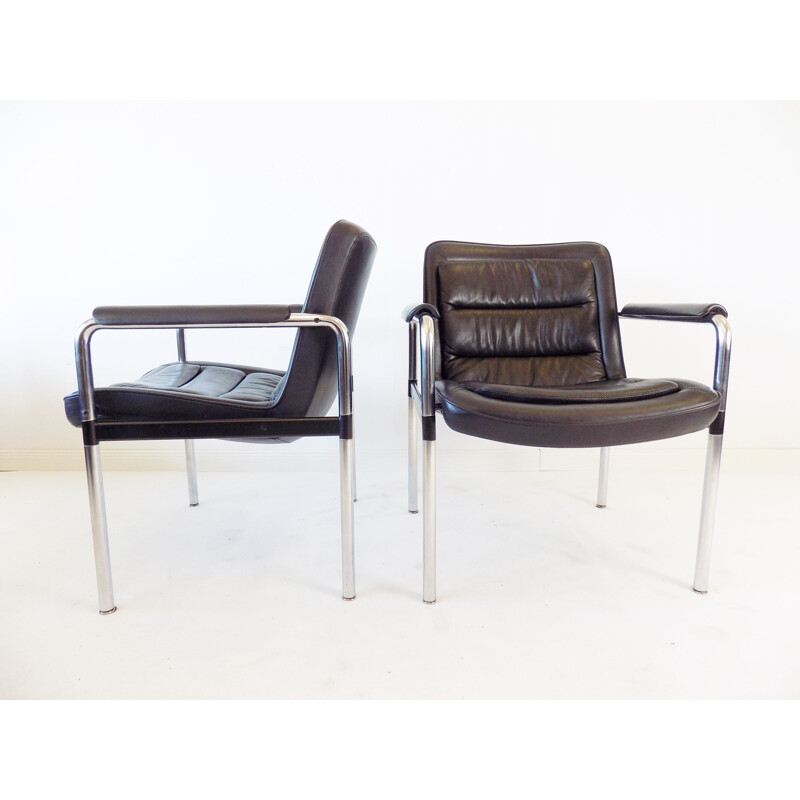 Pair of vintage black leather chairs Jorgen Kastholm 1970s