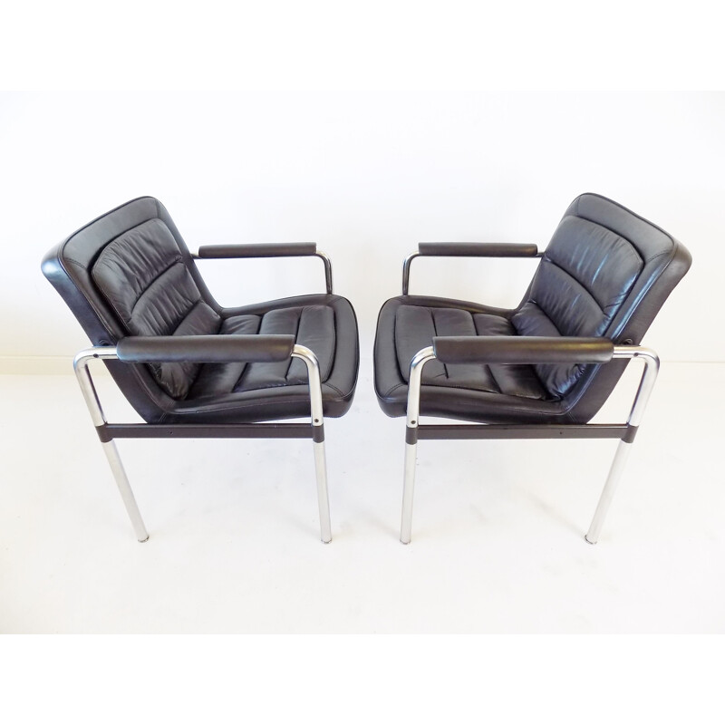 Pair of vintage black leather chairs Jorgen Kastholm 1970s