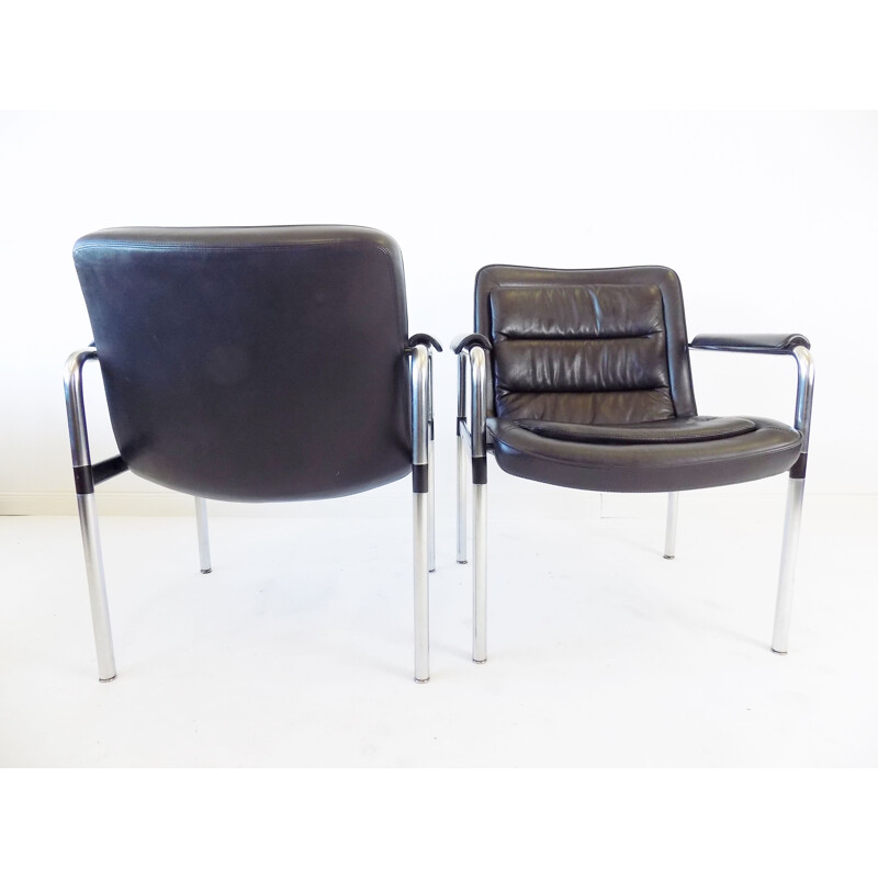 Pair of vintage black leather chairs Jorgen Kastholm 1970s