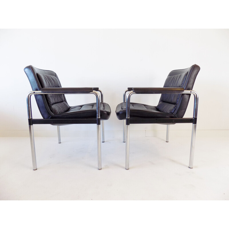 Pair of vintage black leather chairs Jorgen Kastholm 1970s