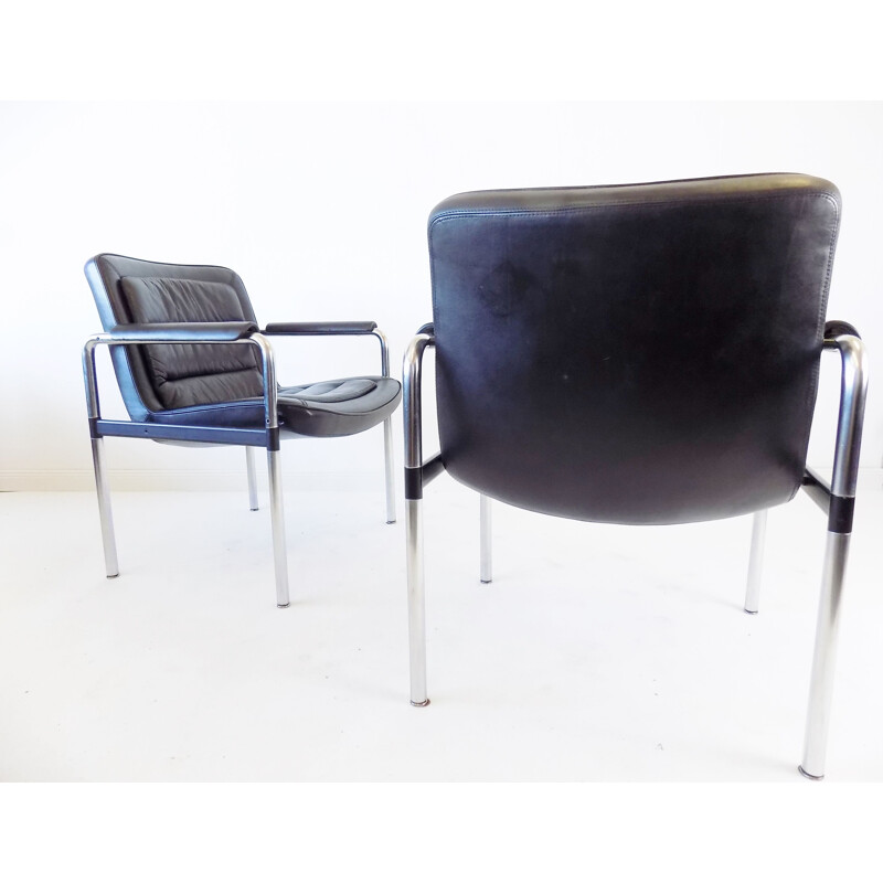 Pair of vintage black leather chairs Jorgen Kastholm 1970s