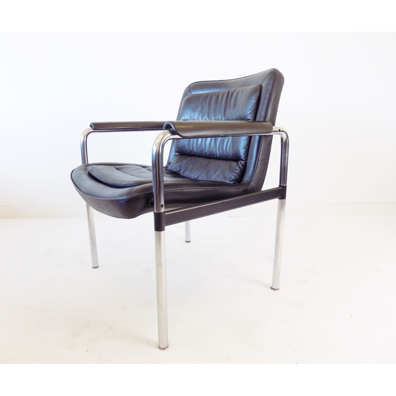 Pair of vintage black leather chairs Jorgen Kastholm 1970s