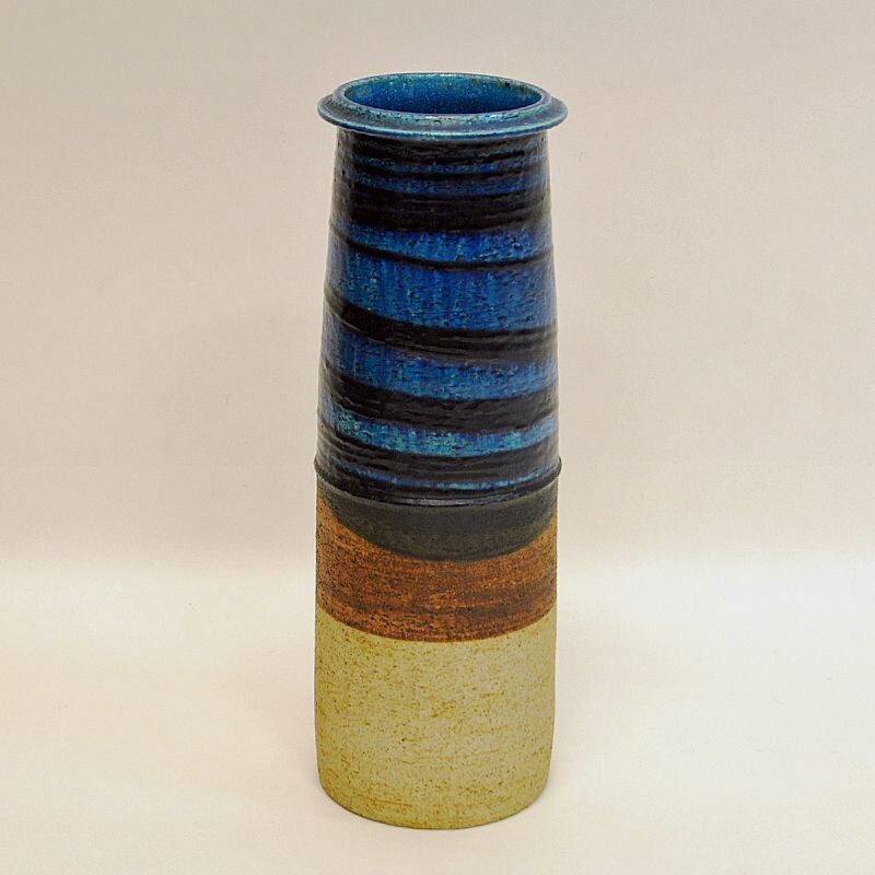 Vase vintage en céramique bleu et brun par Inger Persson  Suède 1960