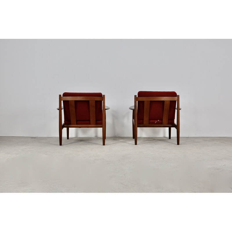 Vintage armchairs in wood and red fabric by Grete Jalk 1960s