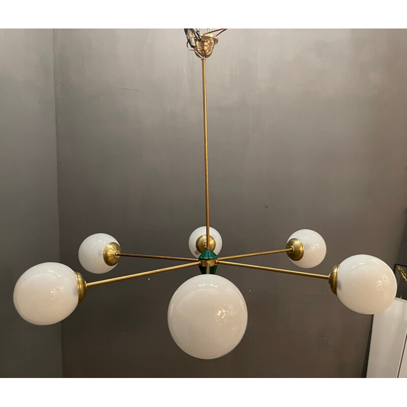 Vintage brass glass chandelier with green metal central decoration