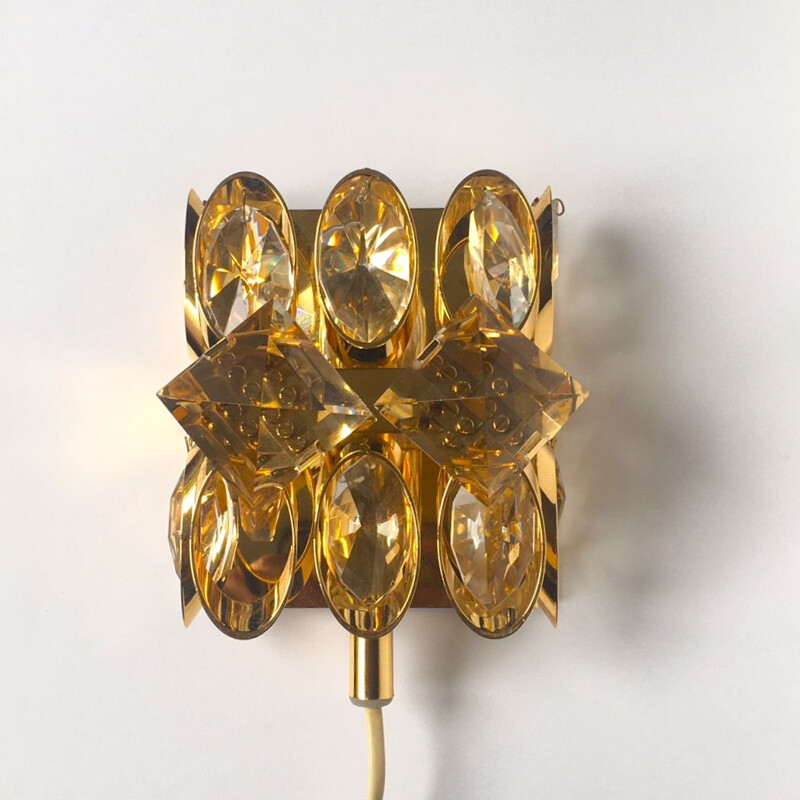 Vintage gilt brass and crystal wall lamp by Palwa, 1960