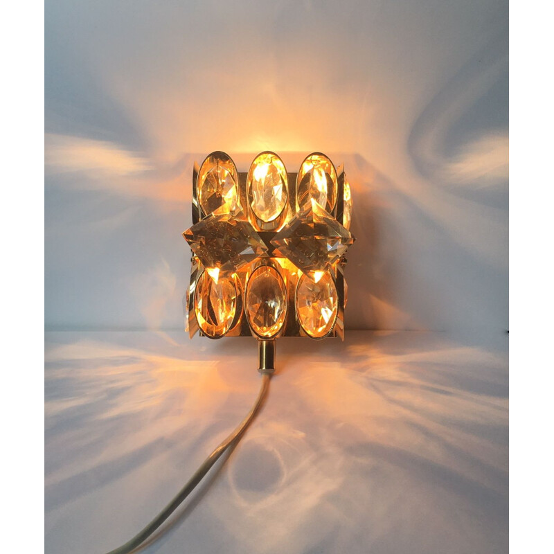 Vintage gilt brass and crystal wall lamp by Palwa, 1960